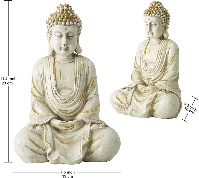 Goodeco 11.4 Meditating Zen Buddha Statue Figurine Sculpture - Indoor/Outdoor Decor for Home,Garden,Polyresin (White)
