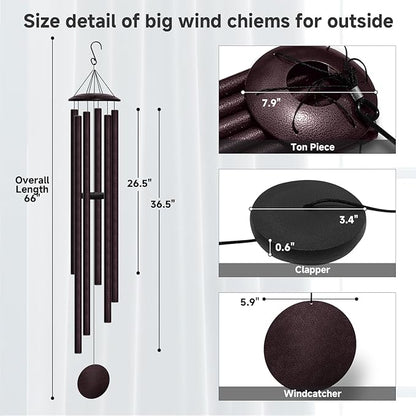 66" Extra Large Wind Chimes for Outside Deep Tone, 6 Thick and Bold Aluminum Tubes Tuned Relaxing Melody Wind Chime, Big Wind Chimes for Garden Patio Decor, Great Gift Idea for Mother's Day (Bronze)
