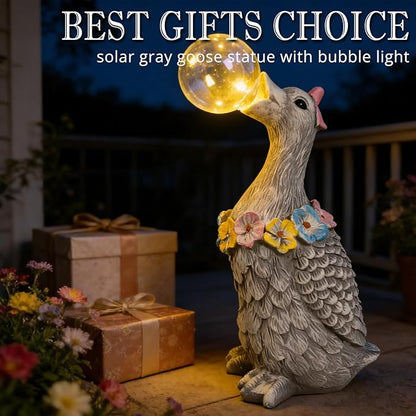 Porch Goose Statue with Solar Bubble Light Garden Gray Figurine Decor for Yard Lawn Patio Outdoor Decorations Housewarming Gifts for Mom Grandma Women