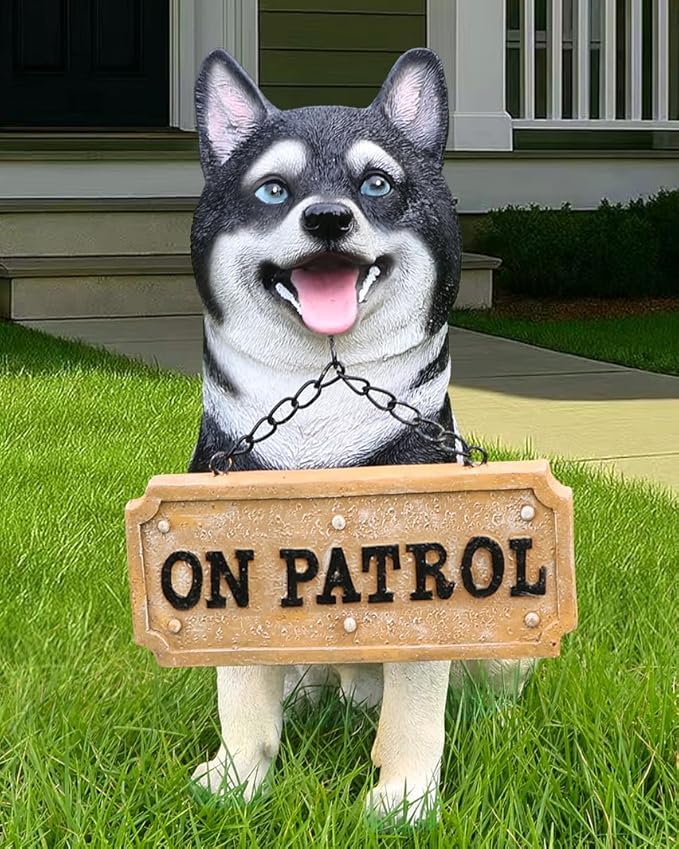 Akita Dog Garden Statue with Solar Lantern Light, Outdoor Resin Puppy Animal Figurine with Double-Sided Welcome & On Patrol Sign, 11.4" Yard Art Decor for Patio Lawn Porch Dog Lover Gift