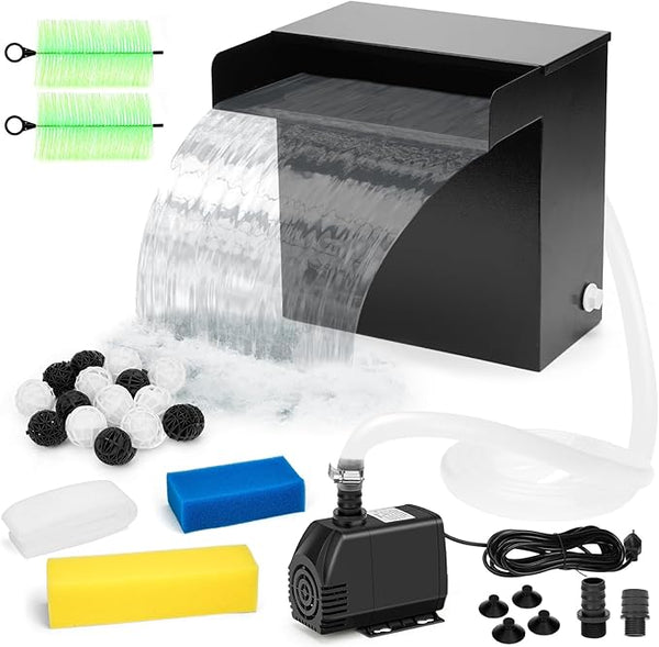 Pond Waterfall Spillway Kit with 800 GPH Pump, 5-Layer Filtration system, 9.8FT Oxford Hose, Complete Pond Kit for Outdoor Ponds, Koi Pond Waterfall Kit, Fountain Feature (12"L x 10.4"W x 12.5"H)
