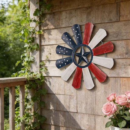 JJALIGHTS 23" Windmill Wall Decor, Patriotic American Flag Metal Wall Art with Texas Star, 4th of July Indoor Outdoor Decorations for Farmhouse Porch Garden Patio Fence Home
