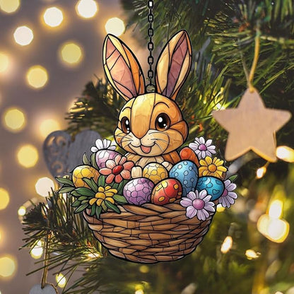 Warm Mosaic Bunny Easter Basket Acrylic Suncatcher Stained Glass Effect Window Car Hanging Christmas Ornament Indoor Outdoor Decor Garden Sun Catcher Panel for Easter Lover for Women Mom Grandma