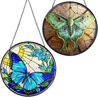 2 Stained Glass 7.8" Butterfly Stained Glass Suncatcher, Luna Moth Stained Glass Suncatchers Art Monarchs for Sun Catcher Indoor, Butterfly Gifts for Mom, Women, Family, Nature Floral Lovers