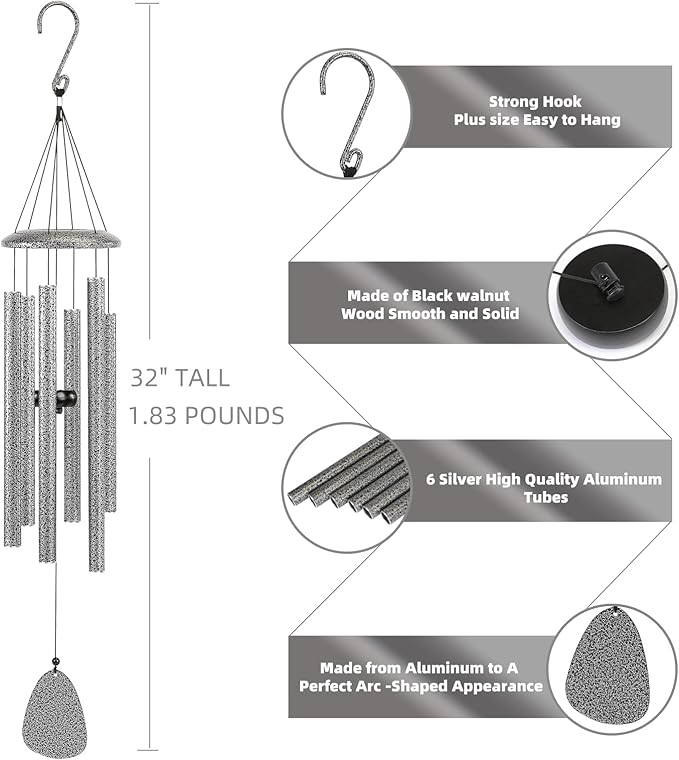 FSVGYY Wind-Chimes-Outdoor-Deep-Tone, Large Soothing Melodic Tones Windchimes, Wind Chimes for Outside, Memorial Wind Chime Best Gift for Mom Women Grandma Neighbors(32" Silver Coated Aluminum)