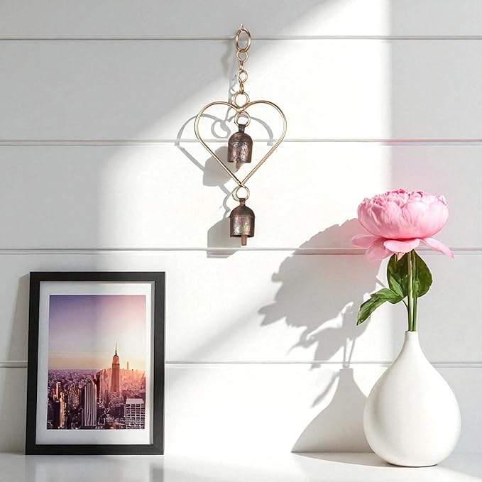 Rustic Metal Heart Bell Wind Chime – Heart-Shaped Decorative Bell with Antique Brass Finish – Hanging Indoor Outdoor Farmhouse Decor – Valentine's Gift or Garden Accent 8.5 x 3.75 Inch