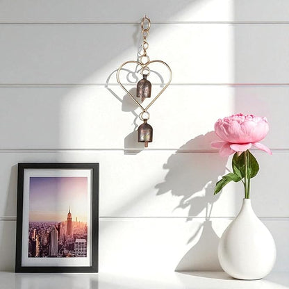 Rustic Metal Heart Bell Wind Chime – Heart-Shaped Decorative Bell with Antique Brass Finish – Hanging Indoor Outdoor Farmhouse Decor – Valentine's Gift or Garden Accent 8.5 x 3.75 Inch