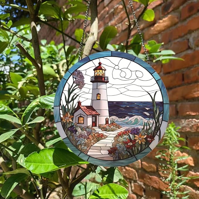 Lighthouse Stained Window Hangings with Chain– Acrylic Round Ornament for Garden, Patio and Indoor Decor, Housewarming Gift for Mom, Grandma