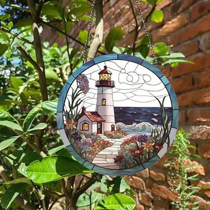 Lighthouse Stained Window Hangings with Chain– Acrylic Round Ornament for Garden, Patio and Indoor Decor, Housewarming Gift for Mom, Grandma