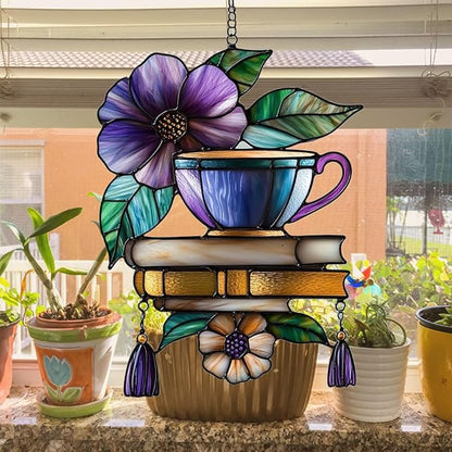 Hibiscus Tea Cup and Books Acrylic Suncatcher Stained Glass Effect Window Car Hanging Christmas Ornament Indoor Outdoor Decor Garden Sun Catcher Panel for Book Lover for Women Mom Grandma