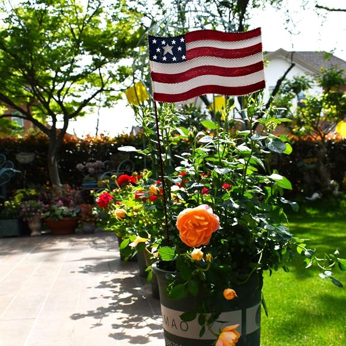 Patriotic Rustic Metal Yard Garden Stake, Small American Flag US Garden Flag 4th of July Decoration Stars and Stripes Design 7"x12"