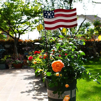 Patriotic Rustic Metal Yard Garden Stake, Small American Flag US Garden Flag 4th of July Decoration Stars and Stripes Design 7"x12"