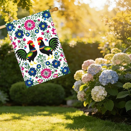 Mugod Rooster House Flag 28 x 40 Vertical Double Sided, Polish Floral Folk Art Colorful Flowers Leaves Farmhouse Holiday Outside Decorations Large Burlap Yard Flag
