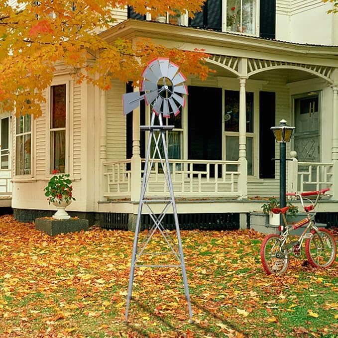 VINGLI Upgrade 8FT Ornamental Windmill Backyard Garden Decoration Weather Vane, Heavy Duty Metal Wind Mill w/ 4 Legs Design, Grey