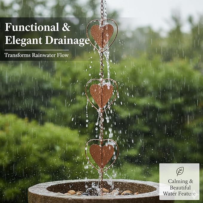 Metal Love Rain Chain for Gutters, Rust Resistant Outdoor Rain Catcher, Perfect for Heavy Rain, Indoor/Outdoor Decoration, Dark Bronze Finish