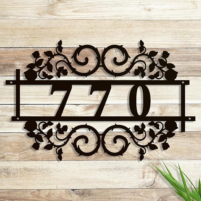 Personalized Gothic House Number metal Signs,Custom Address Number Metal Wall Art Decor,Black Plaques Outdoor wall Decorative Signage,Shed(8-30 Inches) (Rose B)