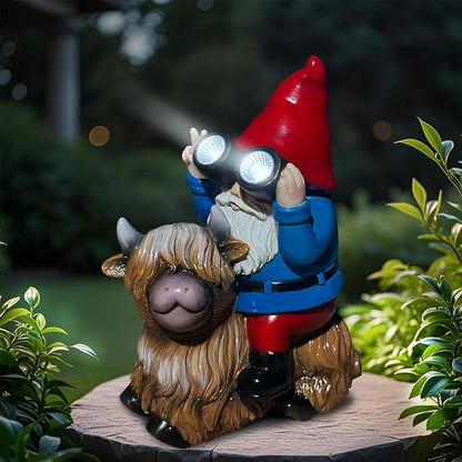 Solar Highland Cow Gnome Garden Statue Outdoor Decor, Funny Solar Light Christmas Decoration for Balcony Garden Patio Yard Lawn, Birthday Gift for Women, Men, Mom, Grandma, Unique Thanksgiving Gifts