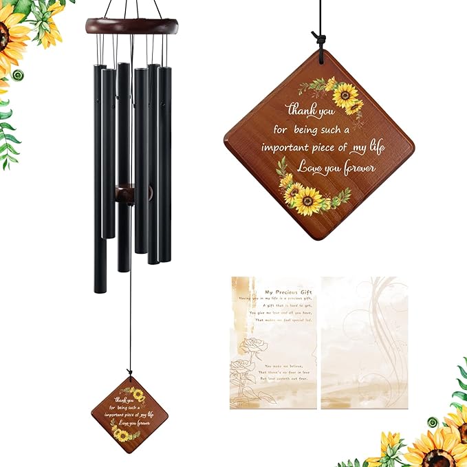 Sunflower Wind Chime with Thank You Quote Important Piece of My Life, Memorial Gift for Mom, Dad, Teacher, Friend or Farewells, 36" Outdoor Sympathy Chimes for Remembrance & Comfort