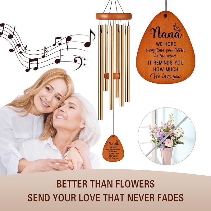 Gifts for Nana, Wind Chimes for Nana, Mother's Day Best Gift for Nana, Heartfelt Birthday Present from Grandkids, Unique Gifts Ideas for Mothers Day, Thanksgiving, Christmas, Festival (Gold)
