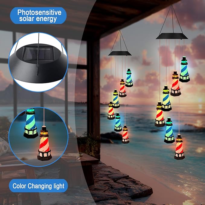 Solar Lighthouse Wind Chimes,YY Gardenia Hanging Lights Outdoor Garden Decoration,Lighthouse Gifts for Women,Yard,Outside,Porch,Patio