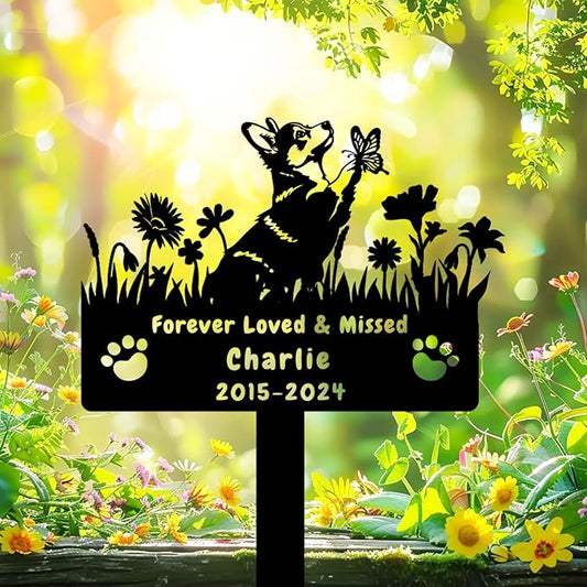 Custom Corgi Dog Memorial Grave Marker,Personalized Metal Flora Dog Memorial Stake,Dog Memorial Plaque Burial Stake Engraved Sign,Sympathy Grave Stake for Lost Dog,Dog Headstone