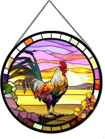 Rooster Hanging Stained Glass Sun Catcher,20cm/7.87inch Hand-Painted Sun Catcher Garden Hangings Christmas Mother's Day, Valentine's Day Ornaments Festival Gift