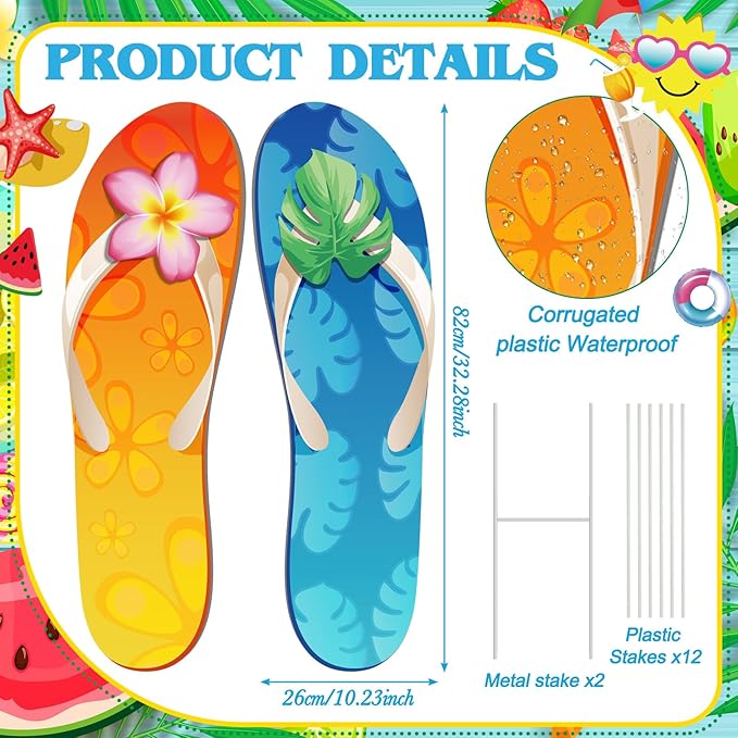 2 Pcs Summer Yard Signs Outdoor Lawn Decoration Summer Slippers Waterproof Courtyard Yard Decorations with Stake Garden Lawn Party Courtyard Decoration