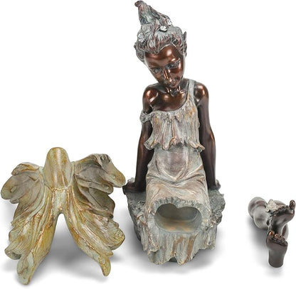 Napco Fairy with Bird Bronze Tone 12.5 x 18 Inch Resin Stone Outdoor Garden Statue