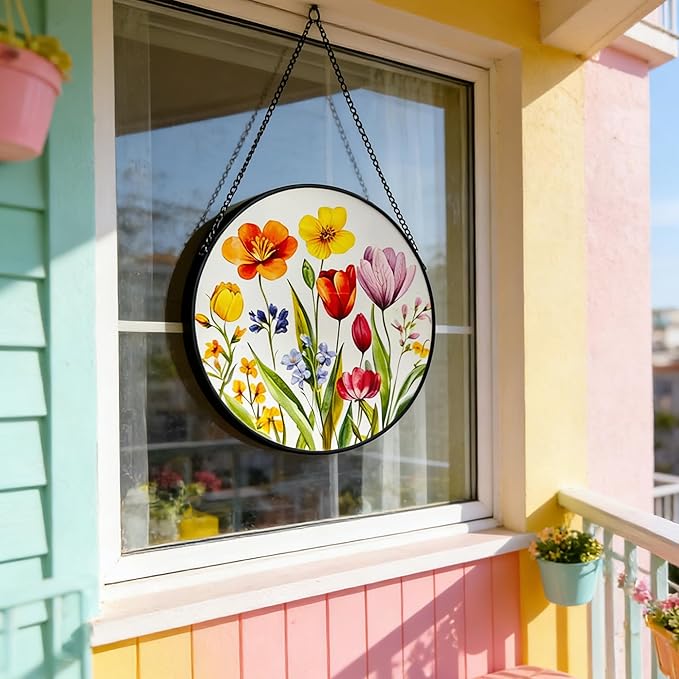 Tulip & Blossom Stained Glass Suncatcher, 9.8 Inch Stained Glass Window Hanging Watercolor Spring Flower Suncatcher for Indoor Outdoor Gifts for Mom, Women, Grandma, Wife