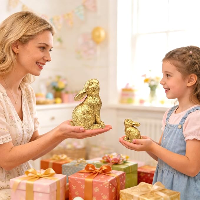 Resin Gold Bunny Decor Rabbit Figurines, Small Easter Bunny Figurine Set of 2, Easter Rabbit Statues for Spring Tabletop Decor