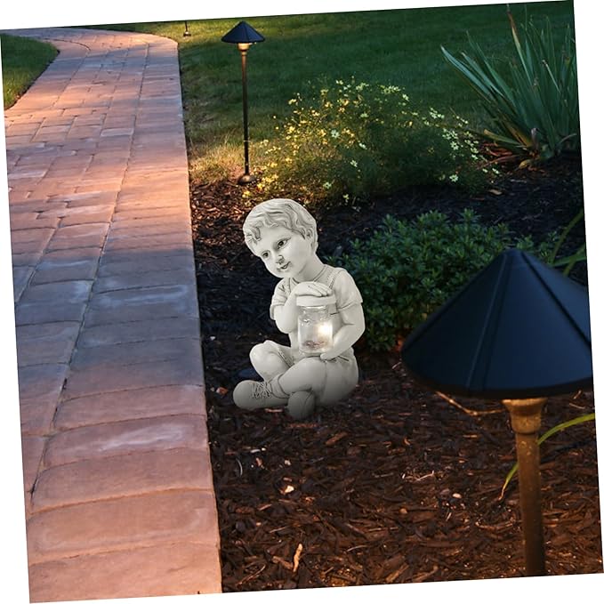 Resin Solar Sculpture with Jar Decor Outdoor Figurine Solar Powered Ornament for Flowerbed Statue for Parties and Lawn Decor