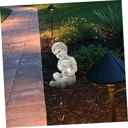 Resin Solar Sculpture with Jar Decor Outdoor Figurine Solar Powered Ornament for Flowerbed Statue for Parties and Lawn Decor