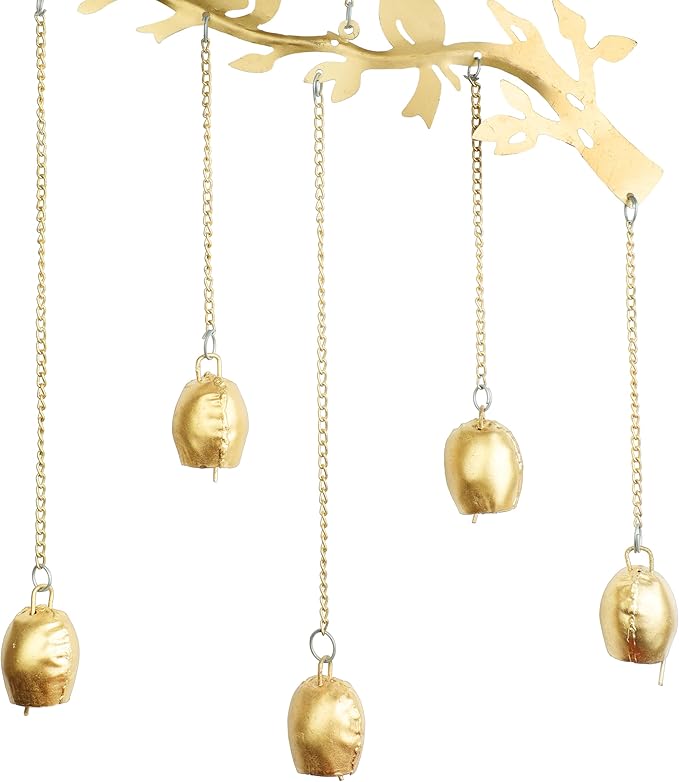 Decorative Door Hanging Metal Bird and Tree with Cow Bell Wall Wind Chime for Home Office Garden Indian Festival Traditional Decorations Return New Year Gifts Ideas(Size:- 21 Inches)(Golden)