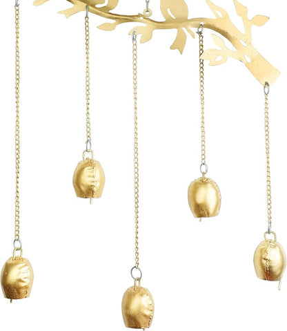 Decorative Door Hanging Metal Bird and Tree with Cow Bell Wall Wind Chime for Home Office Garden Indian Festival Traditional Decorations Return New Year Gifts Ideas(Size:- 21 Inches)(Golden)
