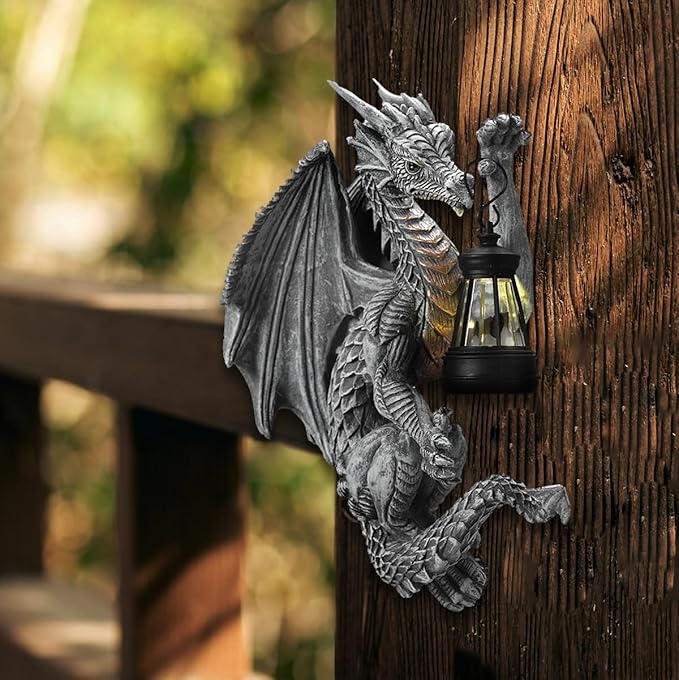 Dragon Outdoor Porch Decor Hugger with Solar Lantern Gothic, Statue Garden Lights, Gifts for Mom, Housewarming Gifts for Women, Ideal Dragon Garden Decor-Pair/Right/Left