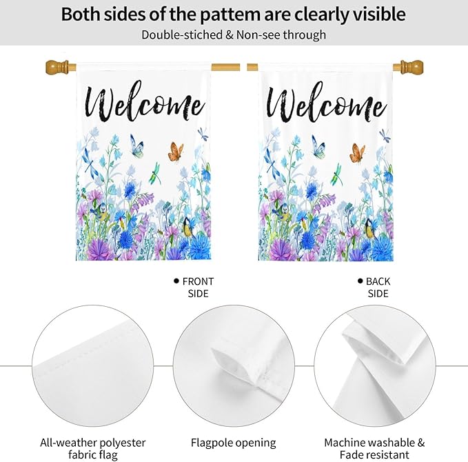 Welcome Garden Flag 28 X 40 In Outdoor Outside Floral Mini Summer Spring Blue Flower Butterfly Dragonfly Bird Yard House Flags Farmhouse Sign For Home Garden Decoration Banner