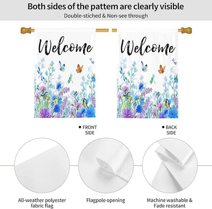 Welcome Garden Flag 28 X 40 In Outdoor Outside Floral Mini Summer Spring Blue Flower Butterfly Dragonfly Bird Yard House Flags Farmhouse Sign For Home Garden Decoration Banner