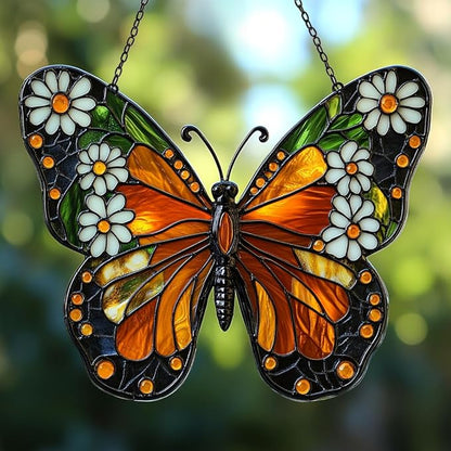 Floral Monarch Acrylic Suncatcher Stained Glass Effect Window Car Hanging Christmas Ornament Indoor Outdoor Decor Garden Sun Catcher Panel for Butterfly Lover for Women Mom Grandma