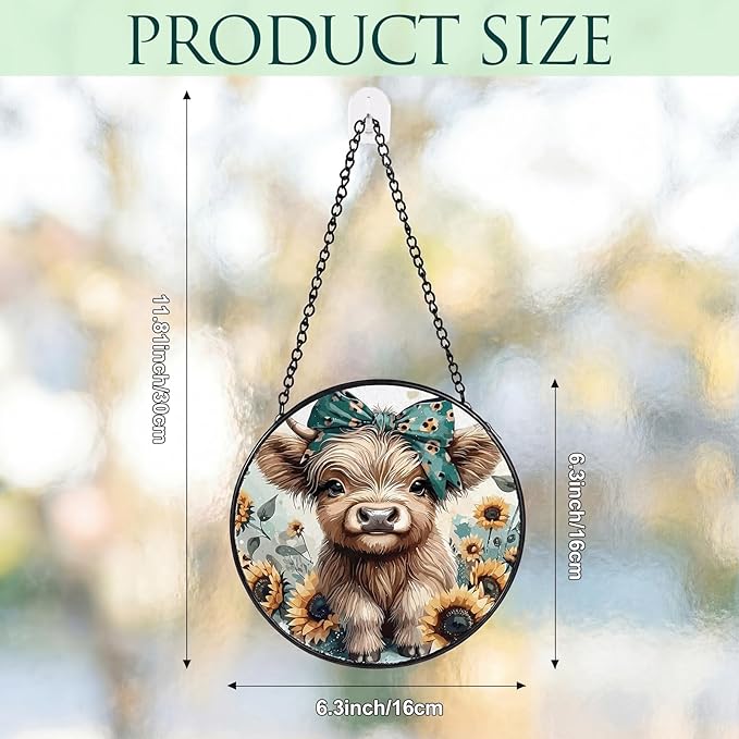 Mifoci 6.3 Inch Stained Glass Window Hanging Highland Cow Suncatchers Indoor Window Gifts for Highland Cow Lovers Room Office Decor Aesthetic