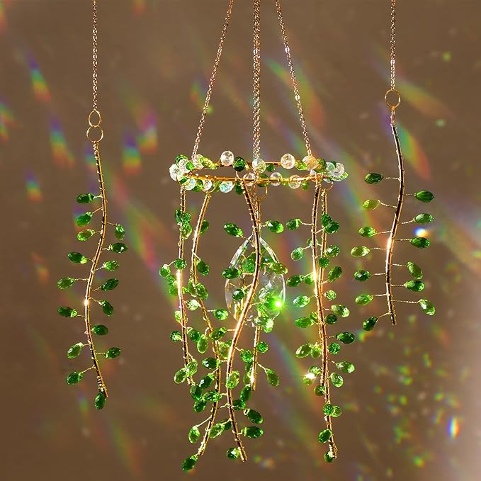 Suncalla 3 Pcs Crystal Suncatchers for Window Boho Decor Plant Sun Catchers Green Plants Artificial Hanging Wind Chime Sun Catchers with Chain Making Rainbow Indoor Outdoor Decor Plant Lover Gift