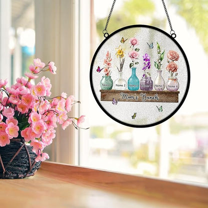 Personalized Mom Stained Glass Suncatcher, Custom Remember I Love You Window Hanging with Birth Month Flower, Mothers Day Christmas Birthday Gifts for Mom from Daughter Son (Style 03)