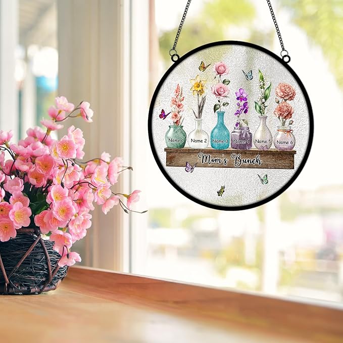 Personalized Mother's Day Suncatcher, Custom Name Birth Month Flowers Mom’s Bunch Window Hanging, Mothers Day Christmas Birthday Gifts for Mom from Daughter Son (Style 01)