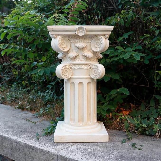 English Rosette Indoor Outdoor Sculptural Garden Plinth Base Statue Riser, Weatherproof Sturdiness Plinth Base Statue Riser for Statues, Flower Pots, Decor, Cast Stone Resin, Antique Stone Finish (F)