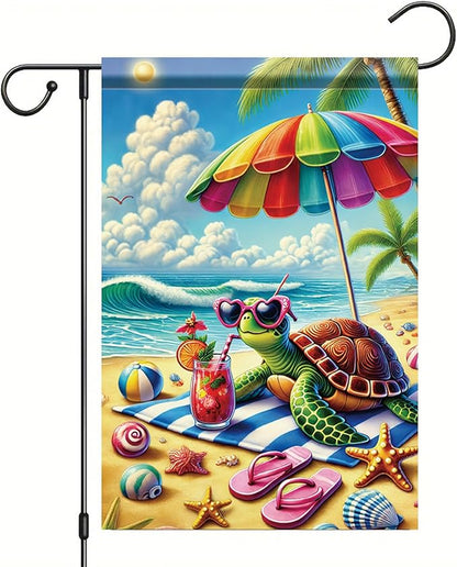 Summer Garden Flag 12x18 Inch Cute Sea Turtle Beach Umbrella Sunglasses Tropical Ocean Design Outdoor Yard Porch Lawn Patio for Seasonal Coastal Home Decor