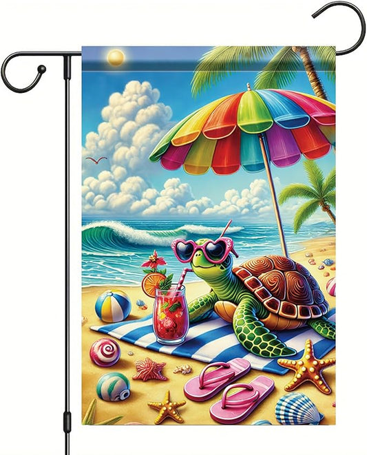 Summer Garden Flag 12x18 Inch Cute Sea Turtle Beach Umbrella Sunglasses Tropical Ocean Design Outdoor Yard Porch Lawn Patio for Seasonal Coastal Home Decor