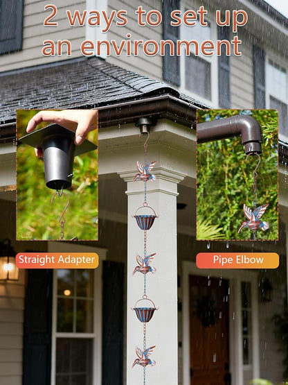 Rain Chains for Gutters, 8.8ft Rain Catcher Chain with 7 Metal Cups & Hummingbird Decor, Adjustable Downspout Replacement for Roof Drainage & Decorative Water Collection（Hummingbird Copper）