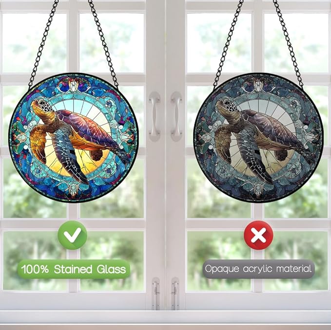 Sea Turtle Suncatcher Stained Glass Window Hanging - 8″ Handmade Suncatchers for Windows Christmas Decorations - Sea Glass Sun Catchers Wall Decor Glass Panel - Sea Turtle Gifts for Women Men Mom