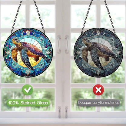 Sea Turtle Suncatcher Stained Glass Window Hanging - 8″ Handmade Suncatchers for Windows Christmas Decorations - Sea Glass Sun Catchers Wall Decor Glass Panel - Sea Turtle Gifts for Women Men Mom