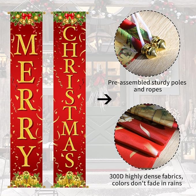 Ivenf Christmas Decorations Outdoor Yard: Red Gold Door Banner Front Porch Sign Set, Hanging Merry Christmas Decorations for Home, Indoor Outdoor Xmas Decor Wall Front Door Yard Garage