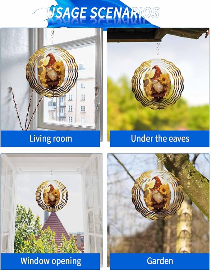 Stainless Steel Wind Spinner for Yard Garden Decoration, Fall Cute Gnomes Sunflower Round Wind Sculpture Spinner 3D Crafts Hanging Ornaments for Indoor Outdoor, 8 Inch